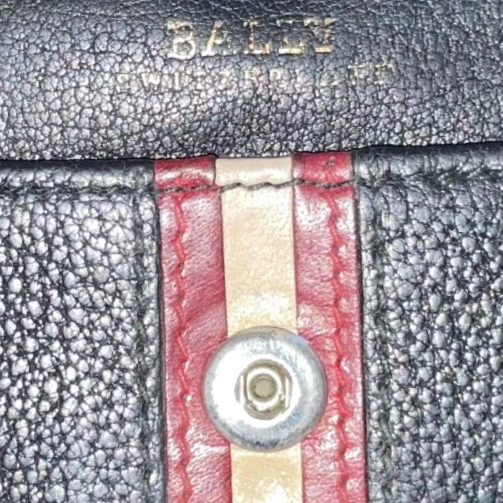 Bally black leather long wallet signature red and off-white stripe. 4x8